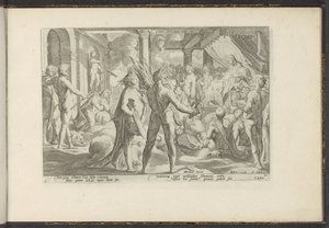 Phaëton in het paleis van Helios Ovidius Meta. Lib. II (cím a tárgyon) Ovidius Metamorfosen (sorozat címe) Herscheppingen van P. Ovidius Naso (sorozat címe) alkotó: Hendrick Goltzius (workshop of)