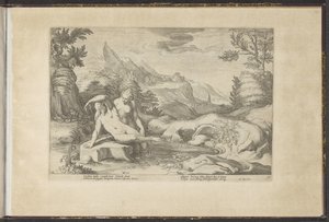 Salmacis és Hermaphroditus Ovidius Metamorfosen (sorozat címe) Herscheppingen van P. Ovidius Naso (sorozat címe) alkotó: Hendrick Goltzius (workshop of)