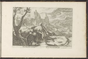 Ez egy oroszlán elől menekül Ovidius metamorfózisai (sorozat címe) P. Ovidius Naso újraalkotásai (sorozat címe) alkotó: Hendrick Goltzius (workshop of)