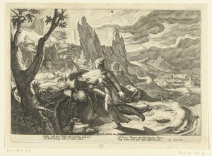 Ez egy oroszlán elől menekül Ovidius metamorfózisai (sorozat címe) alkotó: Hendrick Goltzius (workshop of)