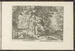 Tiiresias megüt két párosodó kígyót Ovidius metamorfózisai (sorozat címe) P. Ovidius Naso újraalkotásai (sorozat címe) alkotó: Hendrick Goltzius (workshop of)