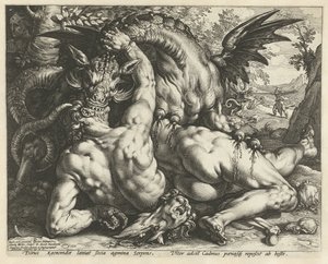 Egy sárkány, aki felfalja Kadmusz társait Kadmusz társai, akiket felfalt egy sárkány alkotó: Hendrick Goltzius