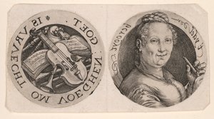 Fuvolát tartó nő mellképe és hangszerek, egy lapon alkotó: Hendrick Goltzius