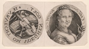 Fuvolát tartó nő mellképe és hangszerek, egy lapon alkotó: Hendrick Goltzius