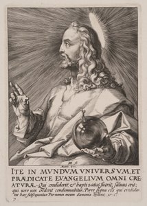 Krisztus (mint Salvator Mundi), Krisztustól, az apostoloktól és Szent Páltól a Hitvallással együtt. alkotó: Hendrick Goltzius