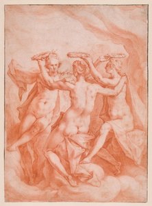 Die drei Grazien auf Wolken schwebend