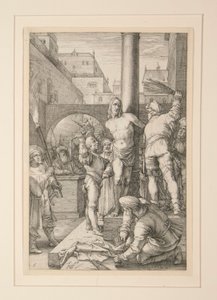 Krisztus megkorbácsolása, a Passióból, 6. 12 metszetből álló sorozatban alkotó: Hendrick Goltzius