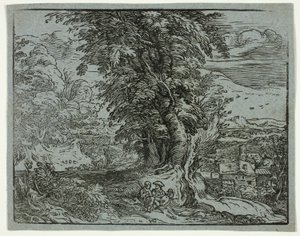 Landscape with a Shepherd Couple, from Four Small Landscapes alkotó: Hendrick Goltzius