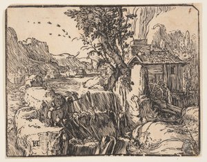 Tájkép vízeséssel alkotó: Hendrick Goltzius
