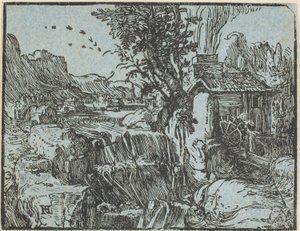 Táj vízeséssel, a Négy kis tájból alkotó: Hendrick Goltzius