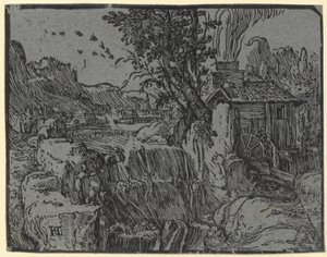 Táj vízeséssel és malommal, a "Négy kis táj" sorozat 1. lapja alkotó: Hendrick Goltzius