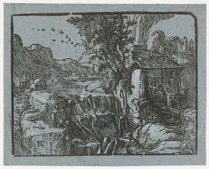 Táj vízeséssel Négy kis tájkép (sorozat címe) alkotó: Hendrick Goltzius