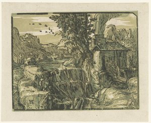 Táj vízeséssel Négy kis tájkép (sorozat címe) alkotó: Hendrick Goltzius