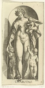 Szeretet Jótékonyság (cím a tárgyon) A hét erény (sorozat címe) alkotó: Hendrick Goltzius