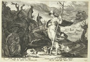 Minerva megparancsolja az irigységnek, hogy féltékenységgel töltse el Agraulos szívét alkotó: Hendrick Goltzius