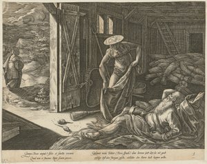 Ruth és Boáz a pajtában, a „Ruth története” című sorozat 3. lapja alkotó: Hendrick Goltzius