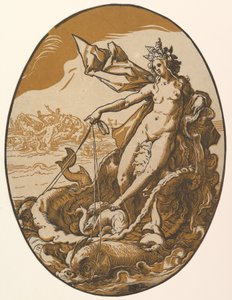 Téthüsz két tengeri lény által vontatott óriási kagylószekéren fekve, az „Istenségek” című sorozatból alkotó: Hendrick Goltzius