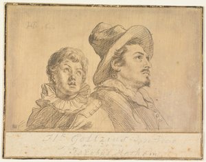 Két férfi, valószínűleg Jan Matthijs Ban és Philips van Winghe (előoldal). Kalapos fiú, félalakban. Karjaiban egy halott, ősz hajú öregembert tart (hátoldal) alkotó: Hendrick Goltzius