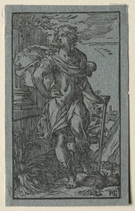 Fiatal férfi állt egy bottal alkotó: Hendrick Goltzius
