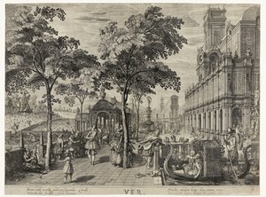 ugrás Tavasz, társaság a kastélyban Ver (cím az objektumon) A négy évszak (sorozat címe) alkotó: Hendrick Hondius (I)