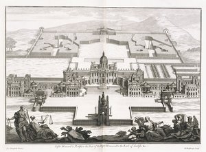 Howard kastély Yorkshire-ben, a "Vitruvius Britannicus"-ból, vagy "A brit építész, amely tartalmazza a nagy-britanniai köz- és magánépületek terveit, domborzatait és metszeteit" Colin Campbell alkotó: Hendrick Hulsberg
