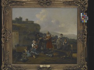 Zöldségpiac Olaszországban figurákkal (olaj, vászon)