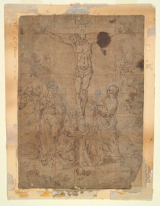 Krisztus a kereszten a Szűz és Szent János között a szenvedés jeleneteivel a háttérben alkotó: Hendrick de Clerck
