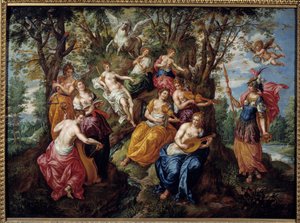 Minerva látogatása a múzsáknál Hendrick de Clerk (1570-1629) festménye (ec.flam.) 17. századi Chalons Sur Marne. Szépművészeti Múzeum alkotó: Hendrick de Clerk