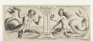 Két rekesz, mindegyikben egy triton Tengeri istenek és istennők Nouveau Livre des Dieux et Deeßes De la Marine Bouckje (cím a tárgyon) Tengeri istenek és istennők Nouveau Livre des Dieux et Deeßes De la Marine Bouckje (sorozat címe) alkotó: Hendrick de Keyser (I)