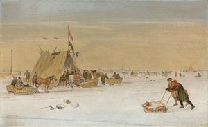 Téli táj alakokkal a jégen egy koek-en-zopie sátor mellett