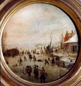 Téli táj korcsolyázókkal és jégkorongozókkal Hendrick Avercamp festménye (1585-1634) Átmérő 25 cm Musei di Strada Nuova (ex Palazzo Rosso) Gének Olaszország