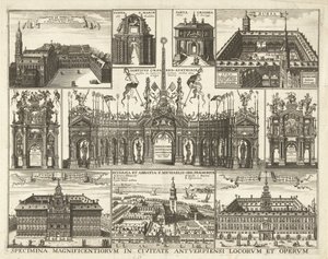 Blad met tien voorstellingen van de intocht van de Kardinaal Infant Ferdinand te Antwerpen, 1635 Specimina magnificentiorum in civitate Antverpiensi locorum et operum (title on object)   1357357   hu       hungarian Successfully Translated  Original: Cardi