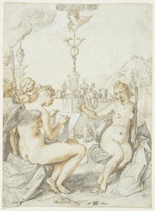 Allegória a rajzművészetről a művész emblémájával, 1612 (tinta, kréta és gouache papíron) alkotó: Hendrik Goltzius