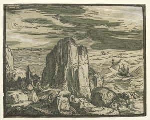 A 4 tájat tartalmazó készletből: Szikla a tengerparton. alkotó: Hendrik Goltzius