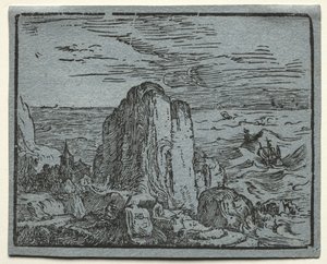 Egy 4 tájat tartalmazó készletből: No.4 - Szikla a tengerparton. alkotó: Hendrik Goltzius