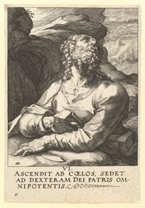 Szent Bertalan, Krisztustól, az apostoloktól és Szent Páltól a hitvallással, kb. 1589. alkotó: Hendrik Goltzius