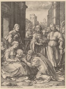 A mágusok imádása alkotó: Hendrik Goltzius in the style of Lucas van Leyden