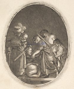Salome átveszi Keresztelő János fejét, körülvéve három férfival és egy gyerek babával..., kb. 1610.