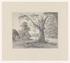 Táj egy fával és kunyhóval, lóval, hintóval és két figurával alkotó: Hendrik Huygens (signed by artist)