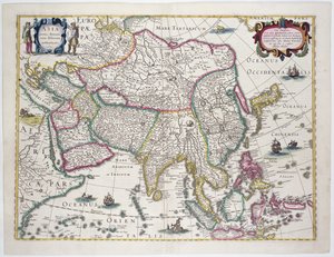 Általános térkép, amely tartalmazza Arábiát, Japánt, a Koreai-félszigetet és az indonéz szigetcsoport nagy részét, 1631 (színes metszet)