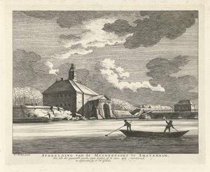 Megereszkedett Muiderpoort, a Singelgrachtból nézve, 1769 Az amszterdami Állatkert Muyderpoortjának képe, mint az összeomlott szindróm, kívülről látható, cikk-cakk (cím a tárgyon)