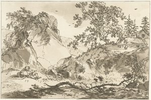 Heuvelachtig landschap met een rustende man Tizenkét terv azoknak a használatára számolva, akik tájrajzot tanulnak (sorozat címe) alkotó: Hendrik Meijer