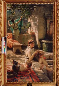 A kútnál. (Egy nő megcsinálja a gyerekének a haját, egy másik kimosi). Henryk Siemiradzki (1843-1902) festménye, olaj, vászon alkotó: Henryk Siemiradzki