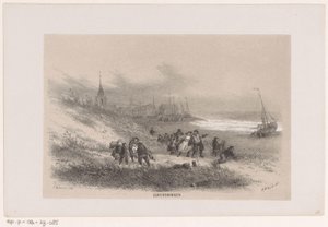 Scheveningen az 1860. május 28-i vihar idején Scheveningen (cím a tárgyon) Tíz litografált vázlatot tartalmazó album, amely a pusztulás Tooneelenjét ábrázolja, akit felkavart az 1860. május 28-i vihar a scheveningeni Gravenhaagsche Boschban,