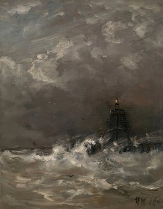 Világítótorony megtörő hullámokban. 1900-07 körül