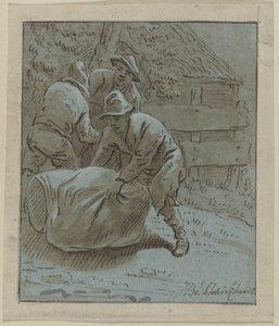 Három férfi egy tájban fekvő hordóval és táskával alkotó: Hendrik Willem Schweickhardt (signed by artist)