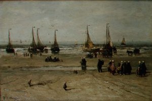 Tengerparti táj halászhajókkal és halászokkal alkotó: Hendrik William Mesdag