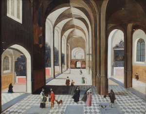 Templombelső alakokkal, köztük egy vörös ruhás férfival, aki egy paphoz beszél (olaj, vászon) alkotó: Hendrik the Younger (follower of) Steenwyck