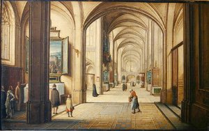 Templombelső sekrestyésszel, amely egy festményt mutat a látogatóknak, 1608 (olaj, kártya)