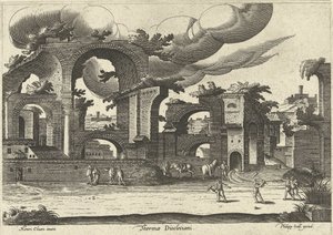 Diocletianus fürdőjének romjai oldalról, két krokettező férfival az előtérben, 1585. alkotó: Hendrik van Cleve III